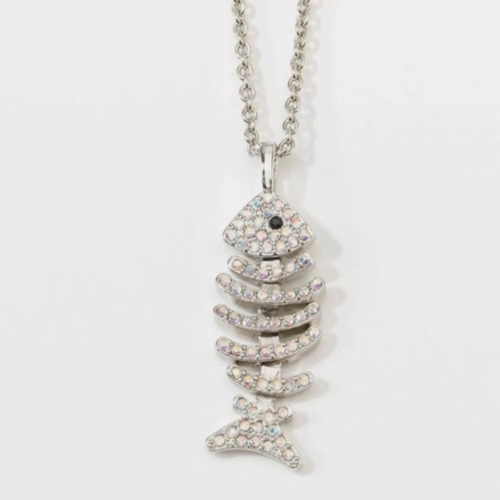 Touchstone Crystal Swarovski Silver Fishbone Pendant Necklace